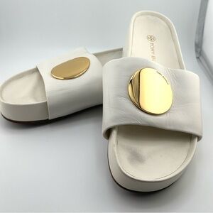 Tory Burch Cream and Gold Slide Sandals with Metallic Accent